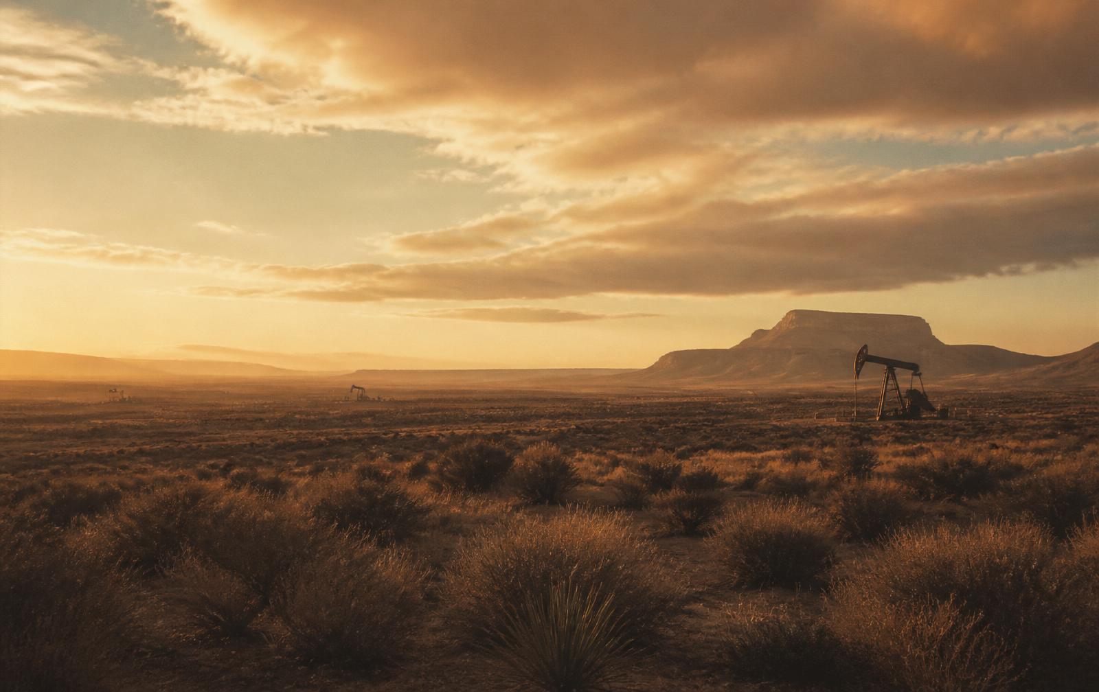 West Texas plains at golden hour with pumpjacks and mesas